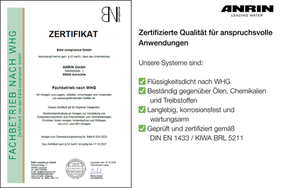 ANRIN erneut zertifiziert: WHG- & LAU-Flächen geprüft

ANRIN Entwässerungssysteme erneut für WHG- und LAU-Flächen zertifiziert – geprüft, flüssigkeitsdicht und umweltfreundlich.

__________________________________________________________________…